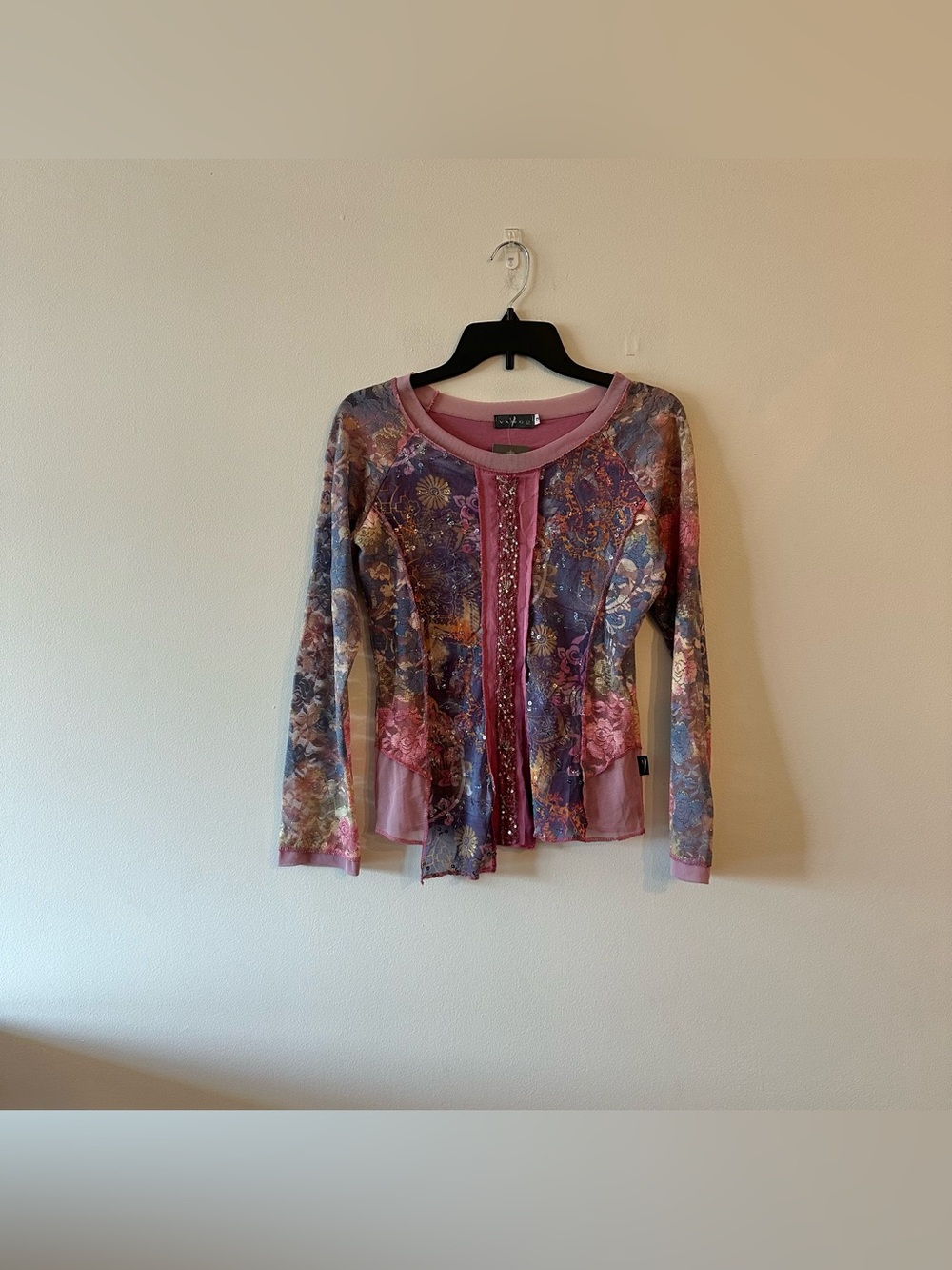 NEW Vintage Y2K Vango Paris Patchwork Lace Fairycore Blouse Sequin Sheer Pink - Picture 2 of 8